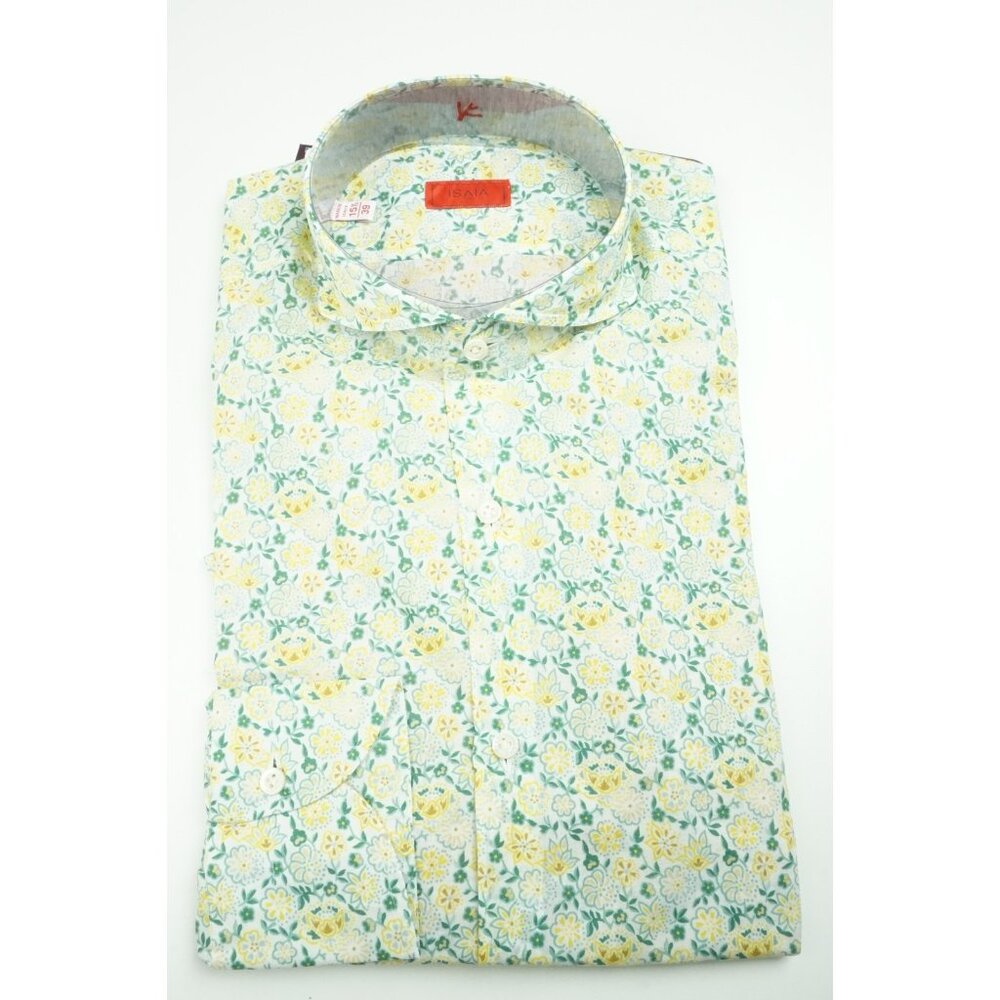 Isaia Lemon Yellow Emerald Green Floral Long Sleeve Cotton Shirt 15.5/39 NEW